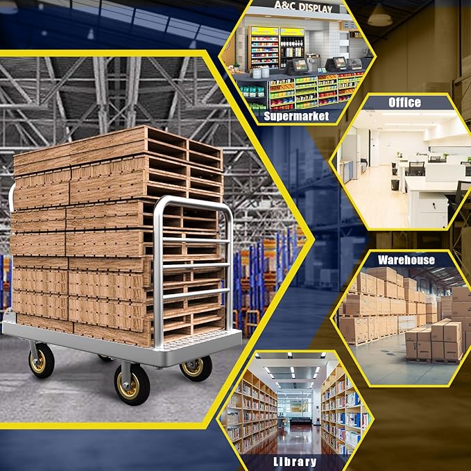 2IN1 48"×24" Platform Truck Cart 2650lbs Heavy Duty Flatbed Cart Dolly w/Detachable Rear Guardrail and Swivel Casters, Push Cart, Work Gloves 2Pairs & 1 Bunge Cord Included