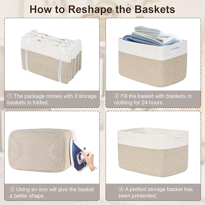 Woven Storage Baskets, Baskets for Organizing, 3 Pack Woven Basket for Storage, Decorative Storage Bins Baskets for Shelves, Towel, Toy, Book, Closet, Baby 14.96"×9.8"×8.85"