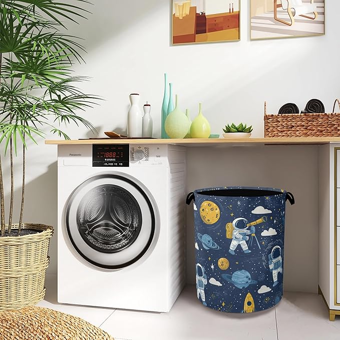 Astronaut Laundry Basket,Rocket Planet Foldable with Handles Tote Bag Oxford Cloth for Bathroom Bedroom Dirty Clothes Storage Bucket 16" x 20.8"