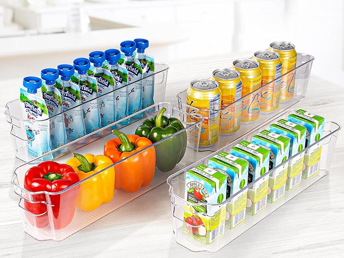 Zulay 4 Pack Clear Refrigerator Organizer Bins - Narrow Fridge Organizers and Storage Clear - Ideal Freezer Organizer Bins, Refrigerator Storage Containers, Kitchen Cabinets, Pantry Organization