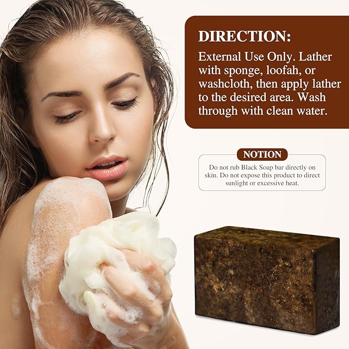 African Black Soap, 100% Pure & Natural, For Face & Body Fight Acne, Eczema & Oily Skin, With Raw Shea Butter, Palm Kernel Oil & Cocoa Pod Ash, 8 Oz