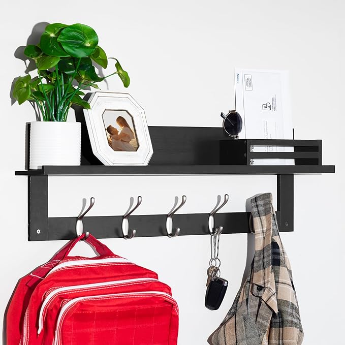 Wall Hooks with Shelf, 29.25 inch Coat Rack Wall Mount with Mail Organizer Box, Wooden Hat Rack with 5 Hooks, Coat Hanger and Key Holder for Wall, Modern Charcoal