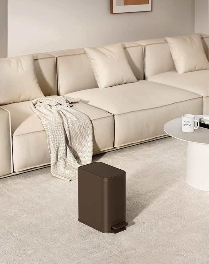 Cesun Small Bathroom Trash Can with Lid Soft Close, Step Pedal, 5 Liter / 1.3 Gallon Stainless Steel Garbage Can with Removable Inner Bucket, Waste Basket for Bathroom, Bedroom (Brown)