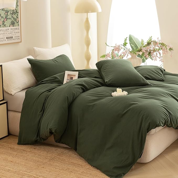 ECOCOTT 3 Pieces Duvet Cover Set Full Size 100% Washed Cotton 1 Cover with Zipper and 2 Pillowcases, Ultra Soft and Easy Care Breathable Cozy Simple Style Bedding Set (Avocado Green)