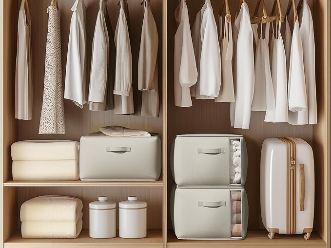 Vailando Large Canvas Comforter Storage Bags Closet Organizer for Clothes Sweater Clothes Organizer with Dual Zipper Three Carrying Handles for Blanket Closet Storage Container, 4 Pack, Grey