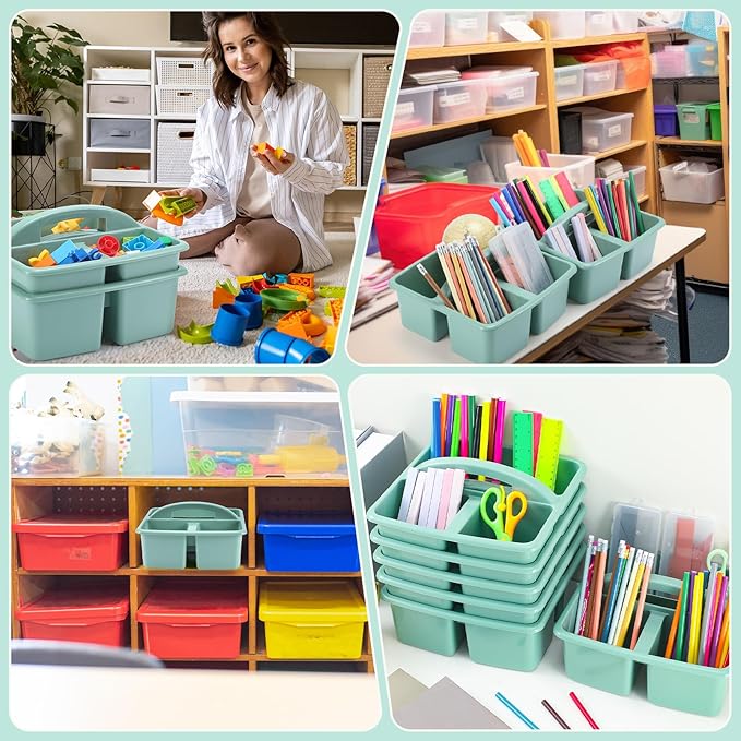 12 Pcs Classroom Caddy with 3 Compartment - Multipurpose Portable Plastic Storage Table Caddies with Handles for School Home Office Organizer(Green)