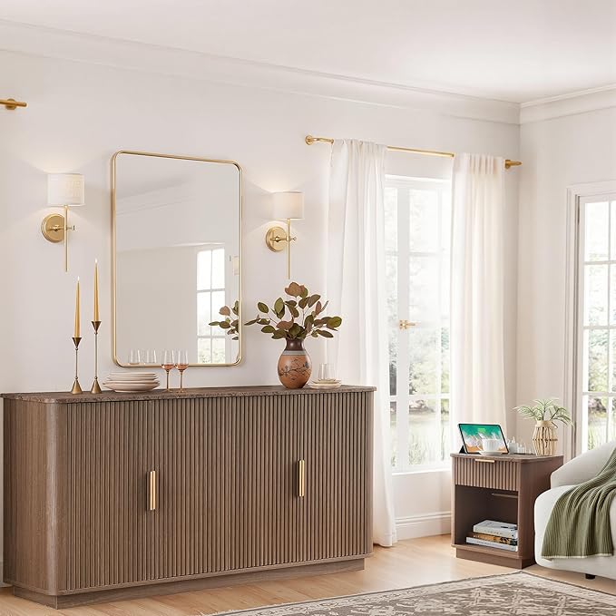 WIN2WIN 63" Fluted Sideboard Buffet Cabinet with Storage, Mid Century Modern Credenza with Faux Marble Top, Curved Corners, Wood Media TV Console Accent Cabinet for Living Room Kitchen Hallway, Walnut