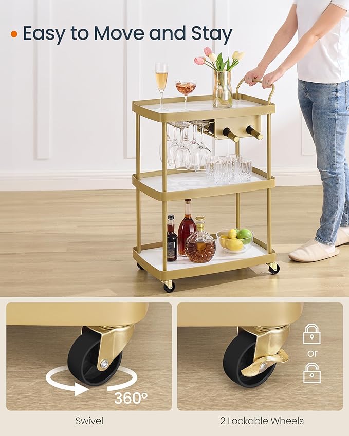 SONGMICS HOME Bar Cart, Home Bar Serving Cart with 3-Tier Shelf, Flexible Wine Bottle Rack and Glass Holder, Drink Beverage Cart, Microwave Cart, Kitchen, Marble White and Pale Gold ULRC291A02