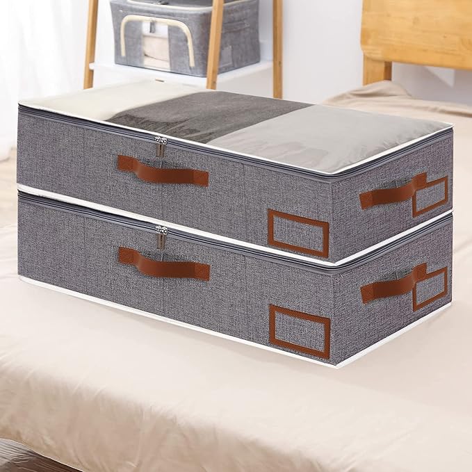 Yawinhe Under Bed Storage, 2 Pack Closet Organizers, Collapsible Container Bags, with Sorting Card Slot and 4 Leather Handles, for Blanket, Bedding, 23.6''Lx11.8''Wx6''H, Grey