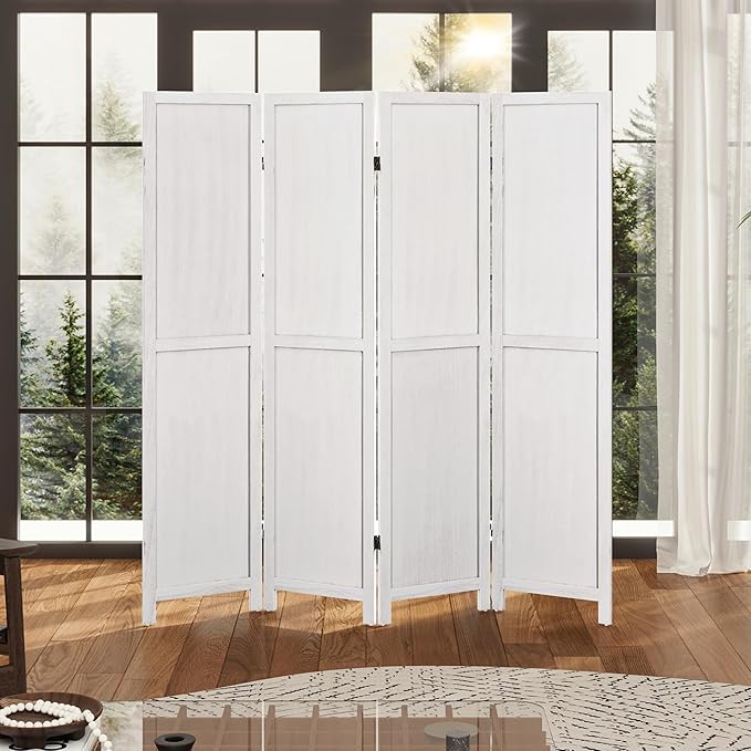 WelFurGeer 4 Panel Room Divider Screen - 360° Adjustable Folding Panels for Privacy, Bedroom, Living Room & Patio, Handcrafted Decorative Room Divider, Freestanding Divider for Room Separation (White)