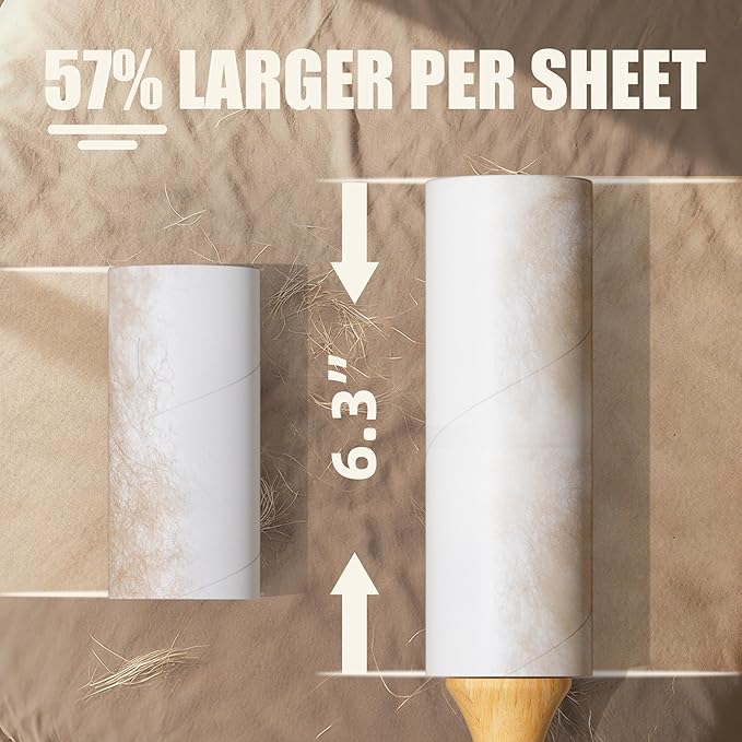 Lint Roller with Wooden Handle- 6.3 Inch Refills, 4 Rolls x 100 Sheets with Adjustable Tool | Pet Hair Remover for Furniture, Clothing | Ergonomic Grip, Durable Design
