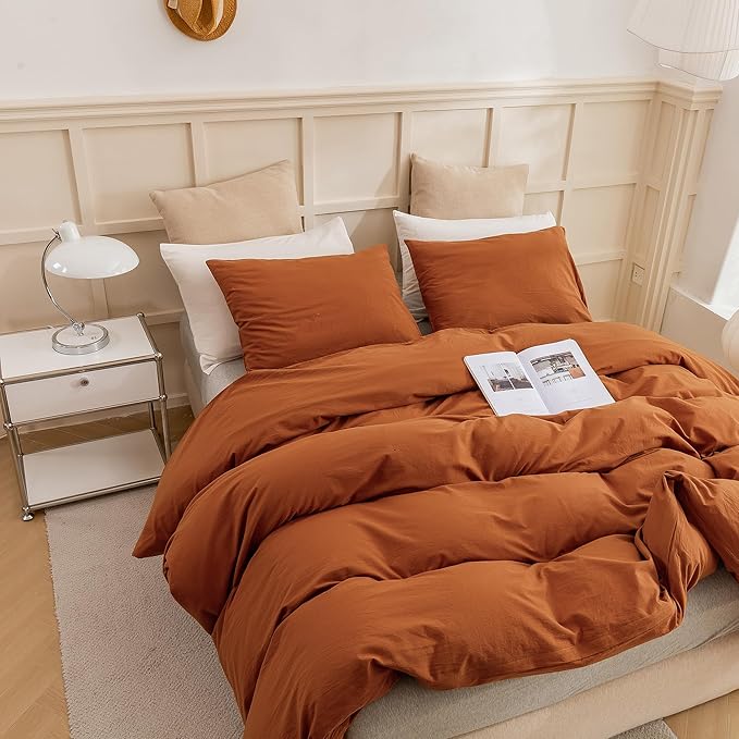 ECOCOTT 100% Washed Cotton Duvet Cover Full Size – Soft & Breathable Linen Feel Bedding Set, 3 Pieces Brown Comforter Cover with Zipper Closure for All Seasons