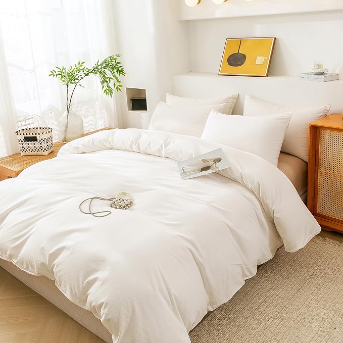 ECOCOTT 100% Washed Cotton Duvet Cover Twin Size – Soft & Breathable Linen Feel Bedding Set, 3 Pieces White Comforter Cover with Zipper Closure for All Seasons