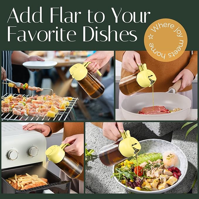 YARRAMATE 16oz/470ml Light Blocking Oil Sprayer for Cooking with Stickers, Food-Grade 2 in 1 Olive Oil Dispenser Bottle for Kitchen, Premium Dark Amber Glass Oil Bottle for Air Fryer, BBQ (Pomelo)