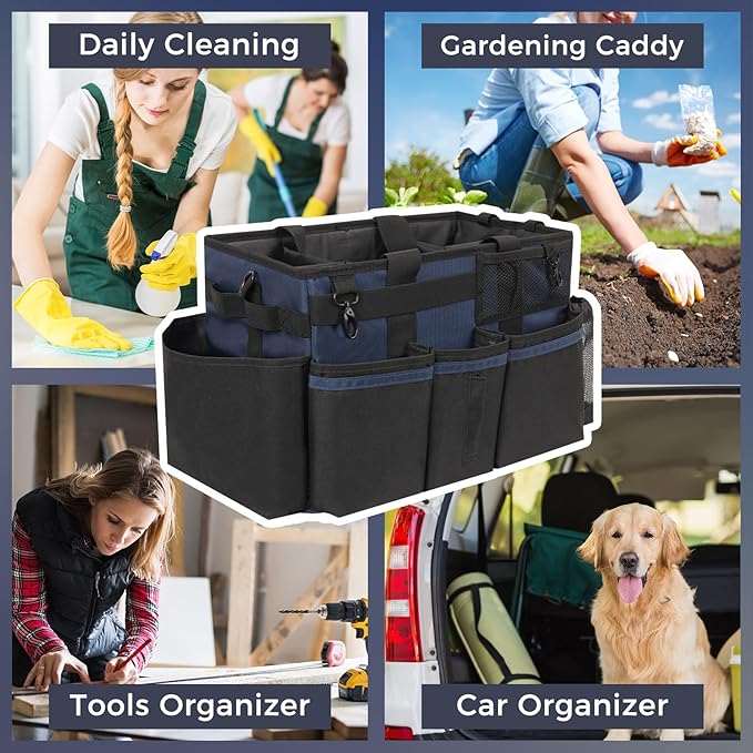 Wearable Cleaning Caddy, Cleaning Caddy Supplies Organizer with Handle & Shoulder Straps for Housekeepers, Under Sink & Car Cleaning Tool Organizers Bag with 4 Foldable Divider (NavyBlue)