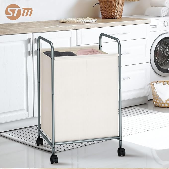 STORAGE MANIAC Rolling Laundry Hamper, 100L Laundry Basket with Lockable Wheels, Double Clothes Sorter Cart, 2 Bag Clothes Separator Hamper for Closet, Bathroom, Laundrys Room, 2 Section Beige