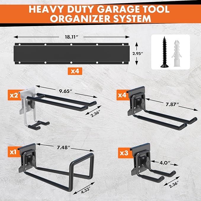 64 Inches Garage Storage, Garage Organization, Wall Mount Garden Tool Organizer, Max 620lbs Adjustable Metal Hooks, Yard Shed Rack, Tool Holder for Hanging Rake Broom Mop Snowboard