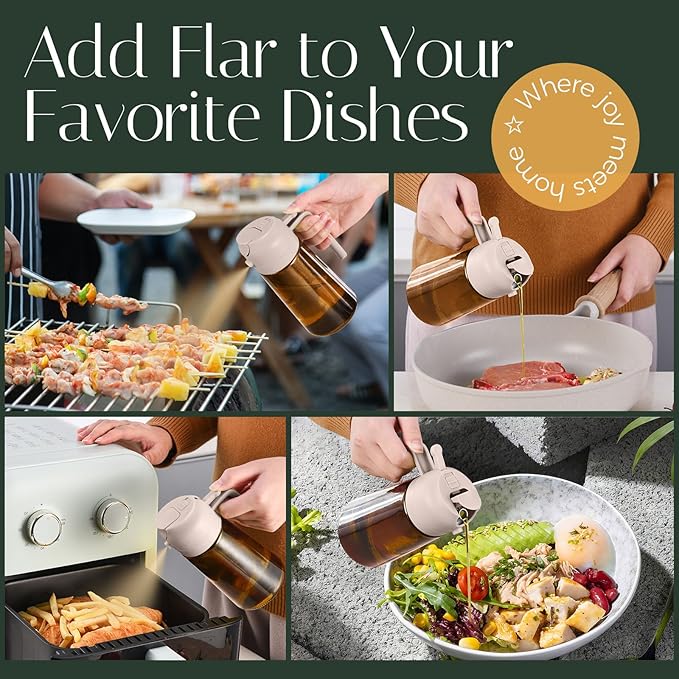 YARRAMATE 16oz/470ml Light Blocking Oil Sprayer for Cooking with Stickers, Food-Grade 2 in 1 Olive Oil Dispenser Bottle for Kitchen,Dark Amber Glass Oil Bottle for Air Fryer, BBQ (LotusRootPink)