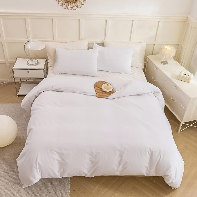 ECOCOTT White Duvet Cover Queen Size - 100% Washed Cotton Durable Soft Comfy Duvet Cover Set, Lightweight and Breathable with Zipper Closure & Corner Ties (White, 90''x90'')