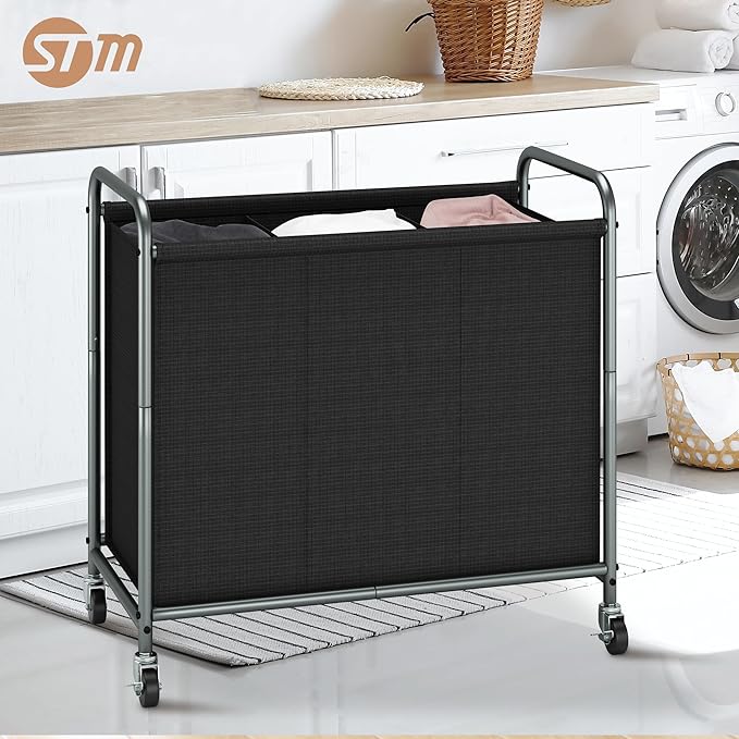 STORAGE MANIAC Rolling Laundry Hamper, 165L Laundry Basket with Lockable Wheels, Triple Clothes Sorter Cart, 3 Bag Clothes Separator Hamper for Closet, Bathroom, Laundrys Room, 3 Section Black