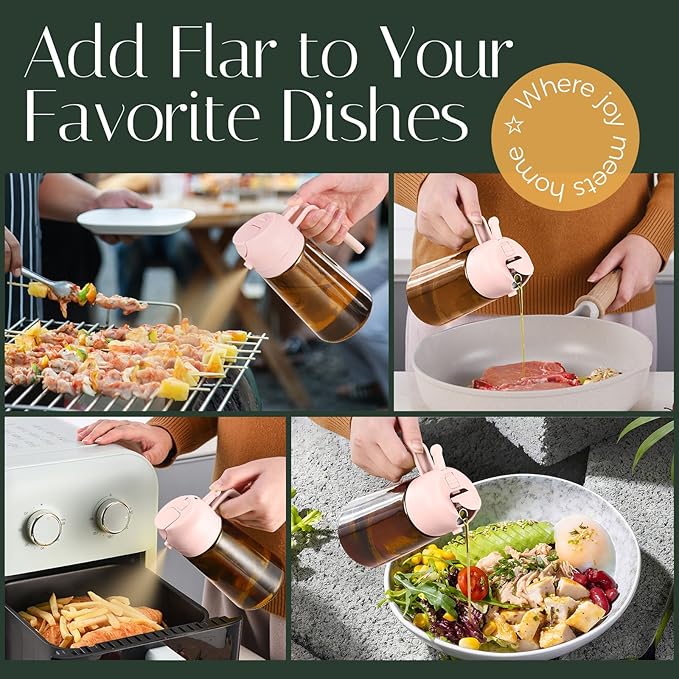 YARRAMATE 16oz/470ml Light Blocking Oil Sprayer for Cooking with Stickers, Food-Grade 2 in 1 Olive Oil Dispenser Bottle for Kitchen, Premium Dark Amber Glass Oil Bottle for Air Fryer, BBQ (PeachPink)