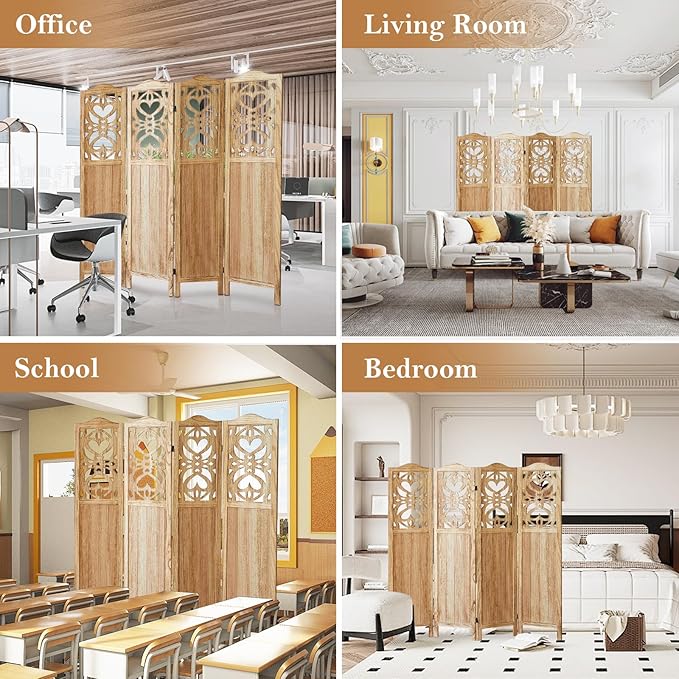 Wood Room Divider 4 Panel 5.6Ft Carved Room Divider and Folding Privacy Screen, Minimalism Portable Partition Screen Divider for Room Separation, Room Decoration for Home Office - Natural