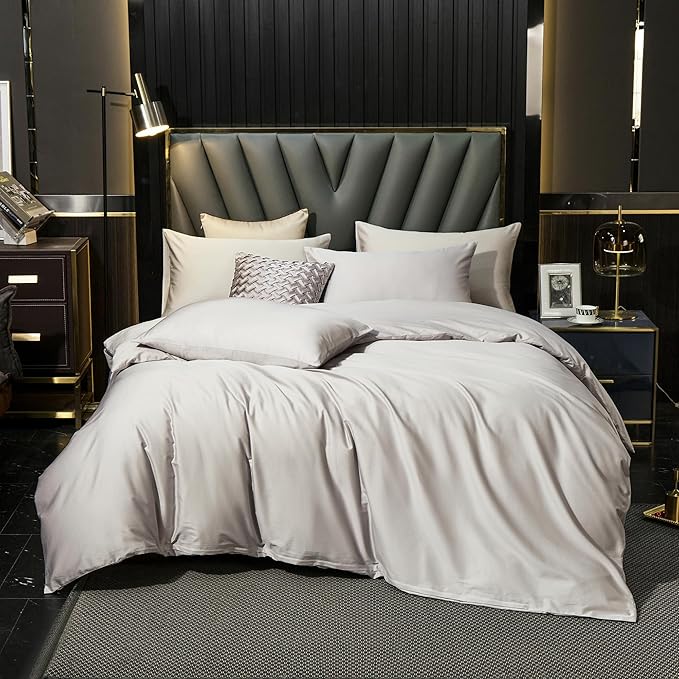 MooMee Duvet Cover Set 100% Extra Long Staple Cotton 600 Thread Count Silky Sateen Smooth Luxury Soft Breathable Durable Hotel Quality Bedding, 3 Pieces (Silver Gray, Queen 90"x90")