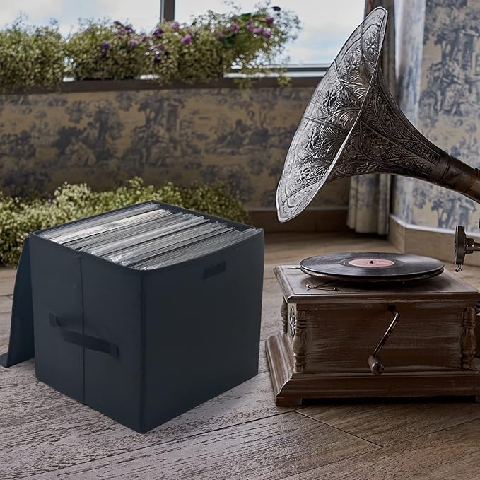 Vinyl Record Storage Box for 12-inch Records Crate Holds up to 90 records,Pack of 1-14x 13x 13 Inch LP record storage for Valuable Album Collection - Black