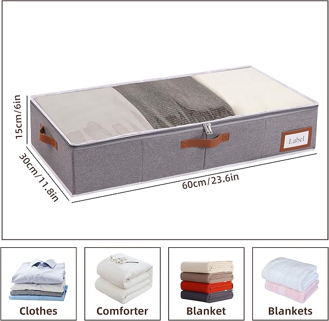 Yawinhe Under Bed Storage, 4 Pack Closet Organizers, Collapsible Container Bags, with Sorting Card Slot and 4 Leather Handles, for Blanket, Bedding, 23.6''Lx11.8''Wx6''H, Grey
