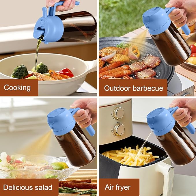 YARRAMATE 16oz/470ml Dark Brown Oil Sprayer for Cooking with Stickers, Food-grade Premium 2 in 1 Olive Oil Dispenser Bottle for Kitchen Gadgets, Air Fryer, Salad, Frying, BBQ (SkyBlue)
