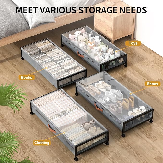 Under Bed Storage with Wheels, XXXL Larger Under Bed Storage Containers with Clear Lids, 36'' Lengthen Under Bed Shoe Organizer for Shoes Clothes(Grey 2 Pack, XXXL(36"x16.6"x7.48"))