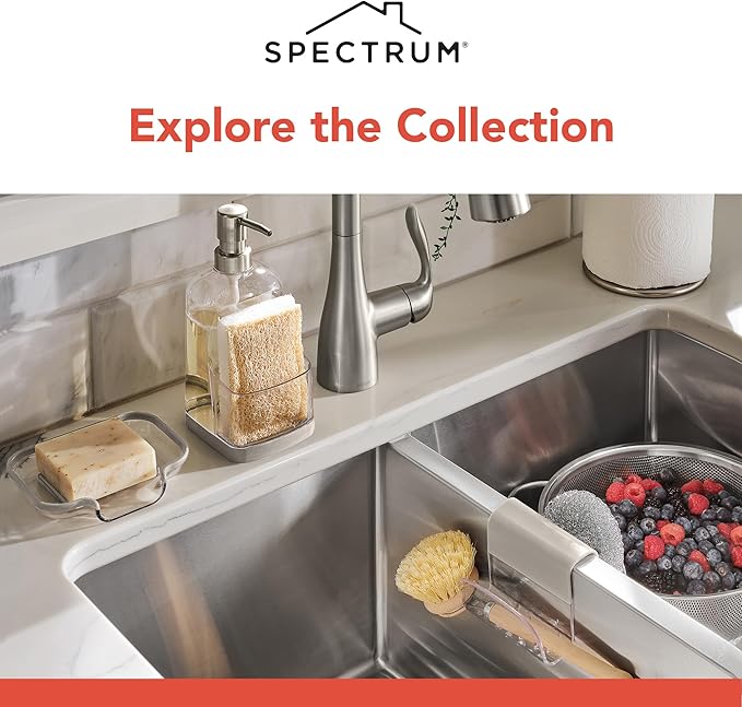 Spectrum Sink Saddle for Kitchen Sink Warm Gray Clear Sponge and Brush Holder Organizer, Dish Brush and Sponges Plastic Saddle Caddy for Double Sink Storage with Drain Holes for Quick Drying