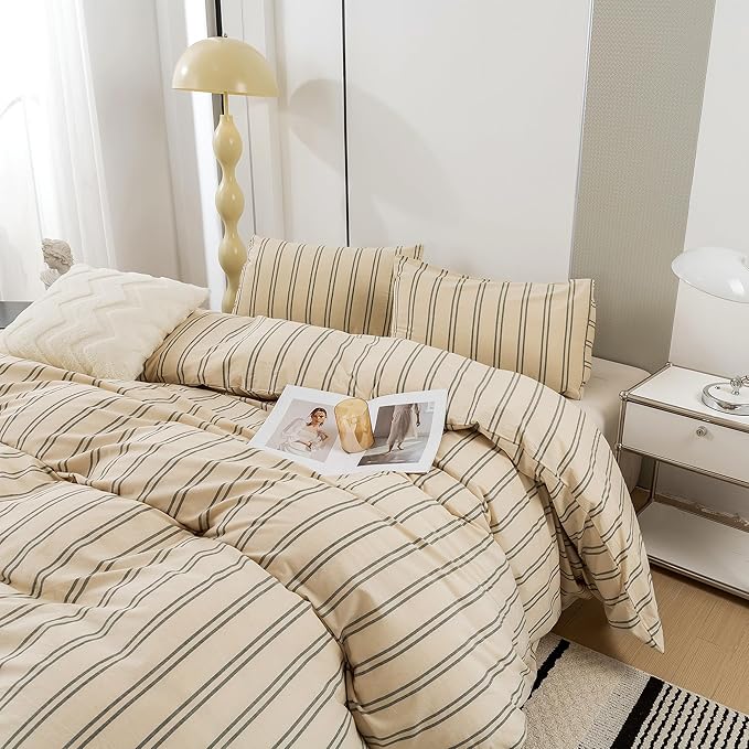 ECOCOTT Duvet Cover Queen Size - Linen Feel Organic Natural 100% Washed Cotton, Soft Breathable & Durable Bedding Set, Comfy Stripe Design for All Seasons