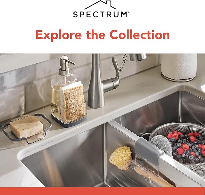 Spectrum Sink Saddle for Kitchen Sink Gray White Sponge and Brush Holder Organizer, Dish Brush and Sponges Plastic Saddle Caddy for Double Sink Storage with Drain Holes for Quick Drying Organization