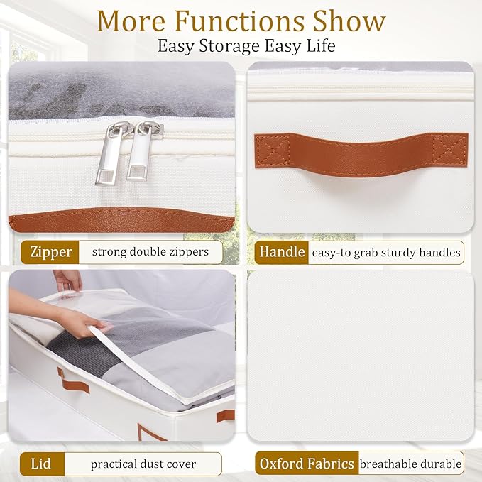 Yawinhe Under Bed Storage, 2 Pack Closet Organizers, Collapsible Container Bags, with Sorting Card Slot and 4 Leather Handles, for Blanket, Bedding, 23.6''Lx11.8''Wx6''H, Beige