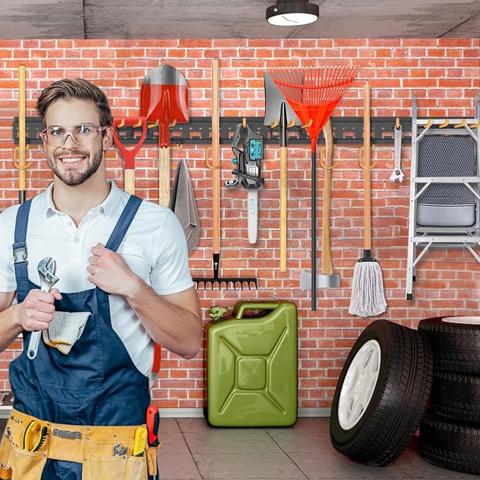 Garden Tool Organizer Wall Mount - Garage Storage and Organization Yard Tool Hanger with Adjustable Pegboard Hooks Shed Rack for Broom Mop Shovel Rake Trimmers, 48 inch Max 550lbs, Black