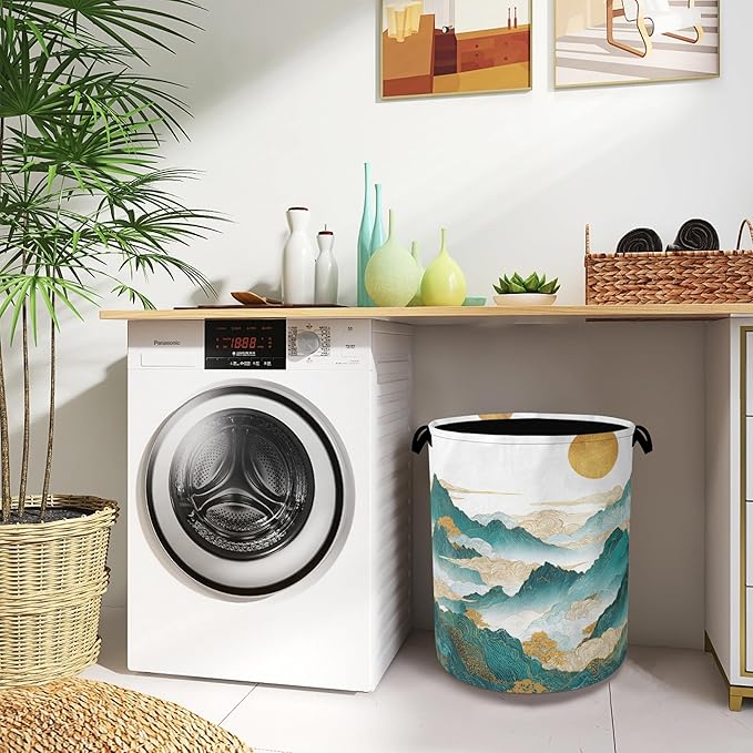 Abstract Mountains Laundry Basket,Golden Sun Foldable with Handles Tote Bag Oxford Cloth for Bathroom Bedroom Dirty Clothes Storage Bucket 16" x 20.8"
