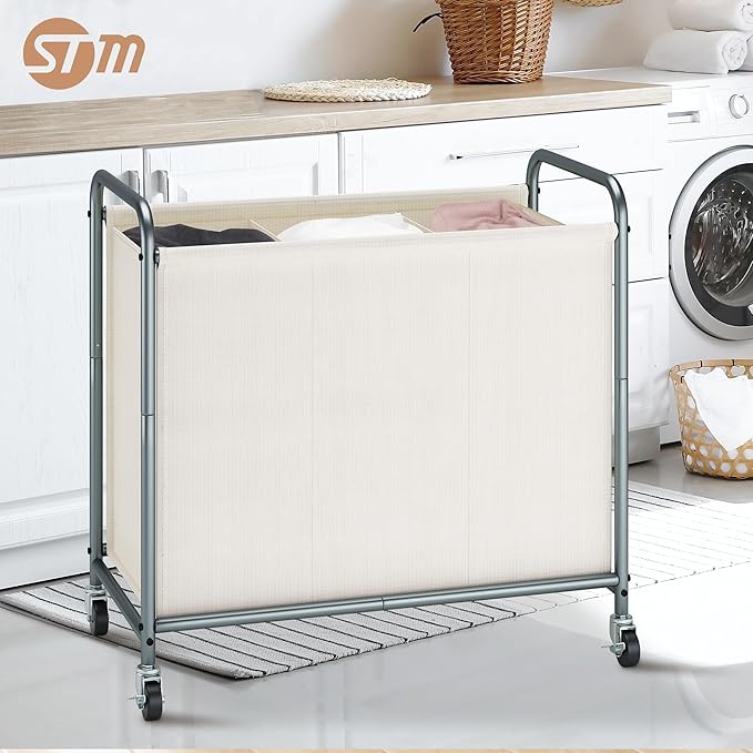 STORAGE MANIAC Rolling Laundry Hamper, 165L Laundry Basket with Lockable Wheels, Triple Clothes Sorter Cart, 3 Bag Clothes Separator Hamper for Closet, Bathroom, Laundrys Room, 3 Section Beige