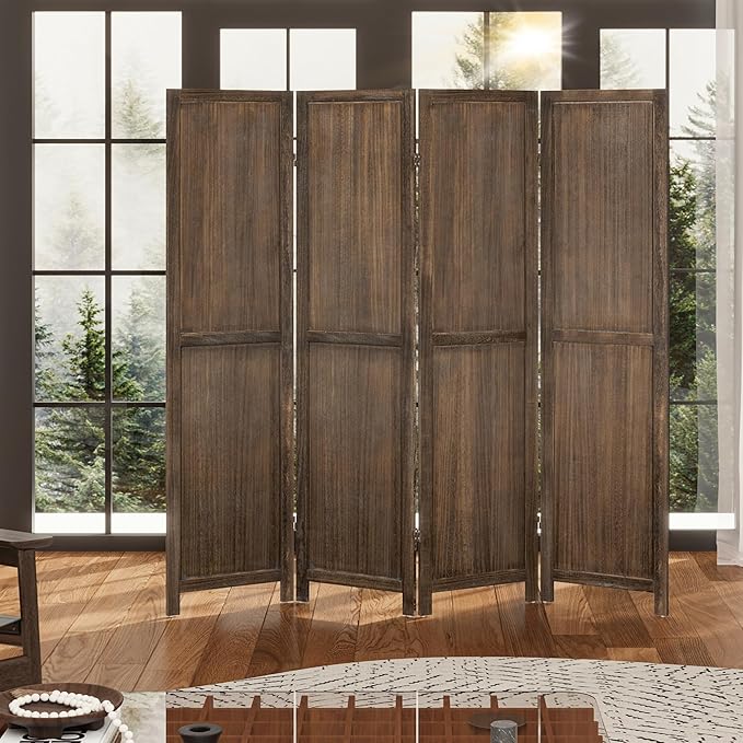 WelFurGeer 4 Panel Room Divider Screen - 360° Adjustable Folding Panels for Privacy, Bedroom, Living Room & Patio, Handcrafted Decorative Room Divider, Freestanding Divider for Room Separation (Brown)