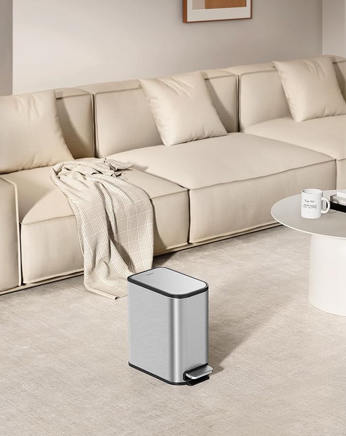 Cesun Small Bathroom Trash Can with Lid Soft Close, Step Pedal, 5 Liter / 1.3 Gallon Stainless Steel Garbage Can with Removable Inner Bucket, Waste Basket for Bathroom, Bedroom (Silver)