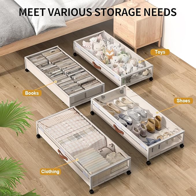 Under Bed Storage with Wheels, XXXL Larger Under Bed Storage Containers with Clear Lids, 36'' Lengthen Under Bed Shoe Organizer for Shoes Clothes(White 2 Pack, XXXL(36"x16.6"x7.48"))