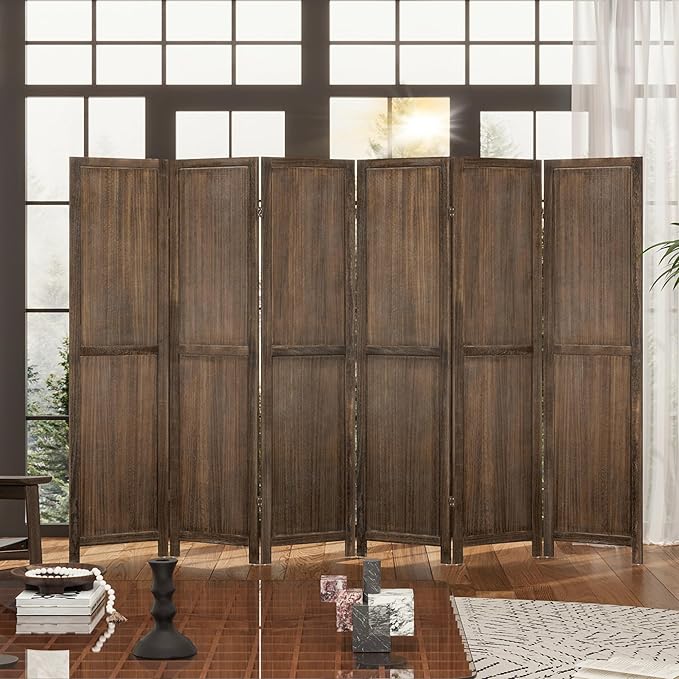 WelFurGeer 6 Panel Room Divider Screen - 360° Adjustable Folding Panels for Privacy, Bedroom, Living Room & Patio, Handcrafted Decorative Room Divider, Freestanding Divider for Room Separation (Brown)
