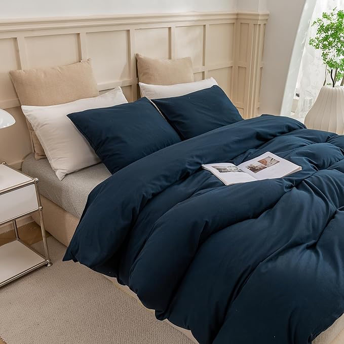 ECOCOTT Navy Blue Duvet Cover Super King Size - 100% Washed Cotton Durable Soft Comfy Bedding Set, 3 Pieces Duvet Cover with Zipper Closure (108''x98'')