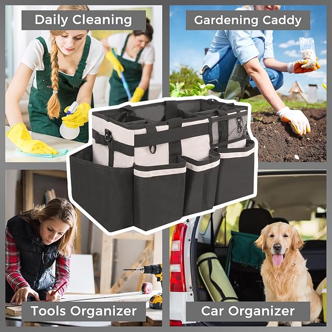 Wearable Cleaning Caddy, Cleaning Caddy Supplies Organizer with Handle & Shoulder Straps for Housekeepers, Under Sink & Car Cleaning Tool Organizers Bag with 4 Foldable Divider (Beige)