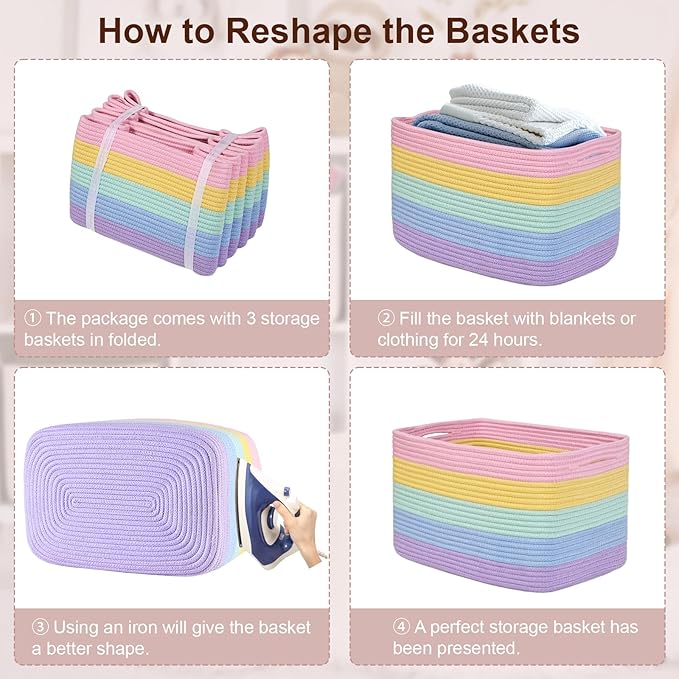 Woven Storage Baskets, Rainbow Baskets for Organizing, 3 Pack Woven Basket for Storage, Decorative Storage Bins Baskets for Shelves, Towel, Toy, Book, Closet, Baby 14.96"×9.8"×8.85"