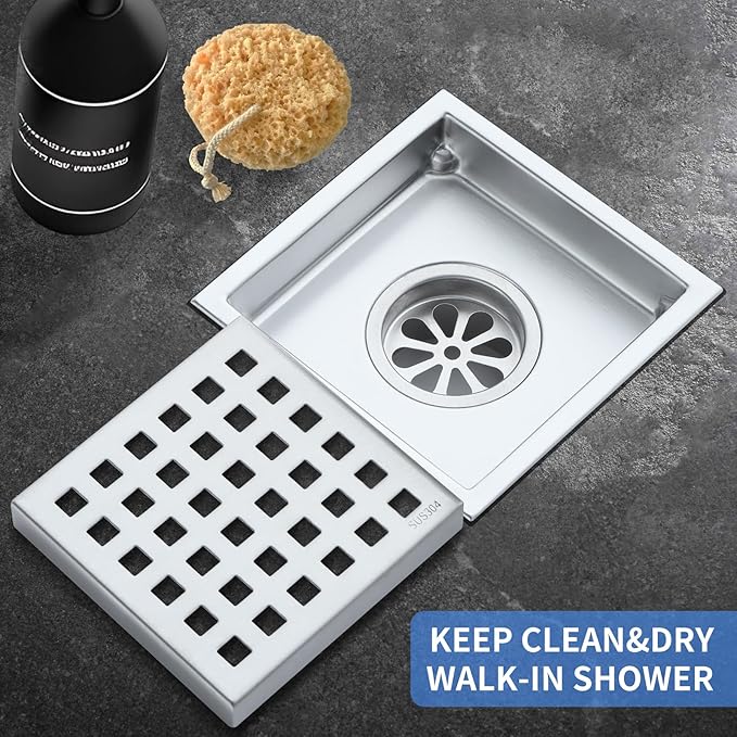 Square Shower Drain 4-Inch. with ABS Flange, Removable Grille,Bathroom Brushed Stainless Steel Shower Floor Drain
