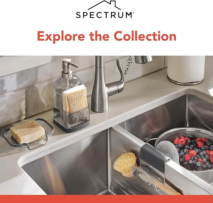 Spectrum Sink Saddle for Kitchen Sink Gray Slate Tint Sponge and Brush Holder Organizer, Dish Brush and Sponges Plastic Saddle Caddy for Double Sink Storage with Drain Holes for Quick Drying