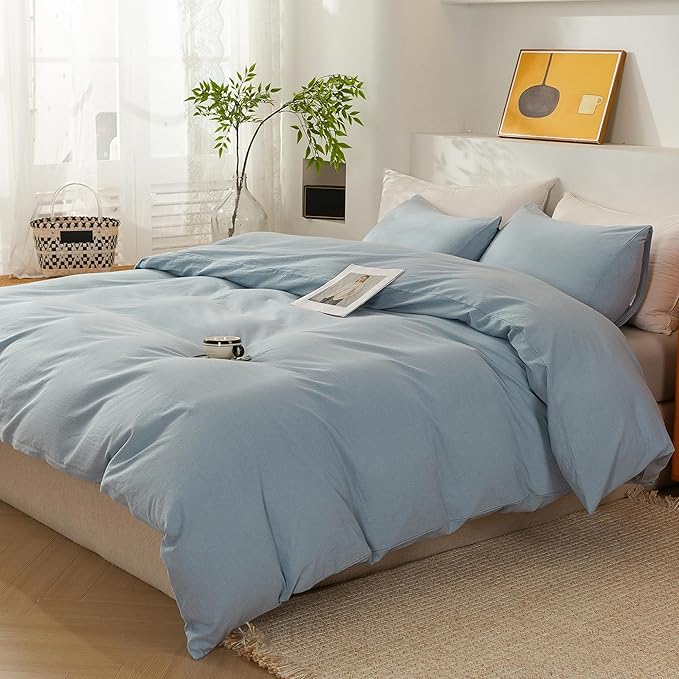 ECOCOTT 100% Washed Cotton Duvet Cover Twin Size – Soft & Breathable Linen Feel Bedding Set, 3 Pieces Light Blue Comforter Cover with Zipper Closure for All Seasons