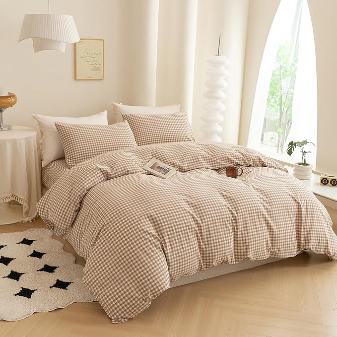 ECOCOTT Gingham Duvet Cover Queen Size 100% Washed Cotton Like Linen Feel Super Soft & Comfy Bedding Set Modern Checkered Design for All Seasons
