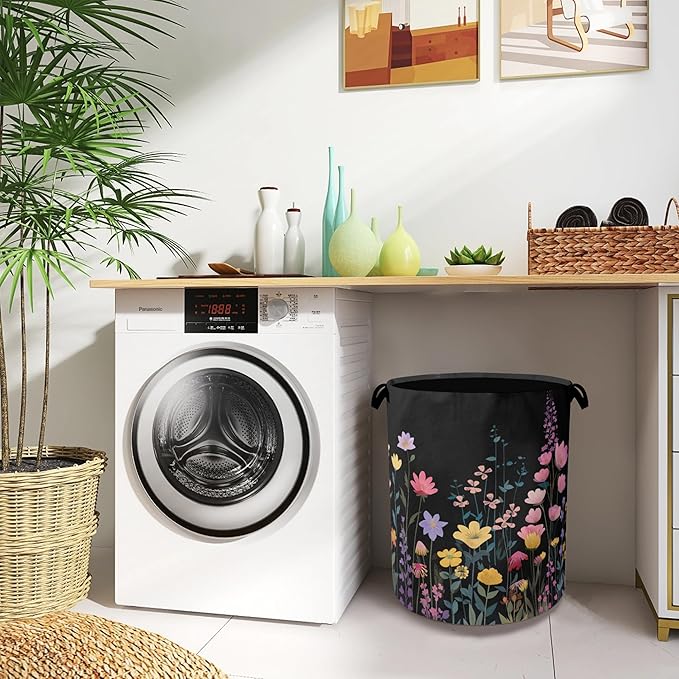 Vintage Wildflowers Laundry Basket,Garden Herb Oxford Cloth Laundry Hamper with Handle Foldable Portable Clothes Storage Basket for Bathroom Bedroom Dorm Room 16" x 20.8"